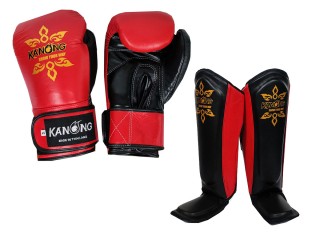 Kanong Real Leather Boxing Gloves and Shin Pads : Red/Black
